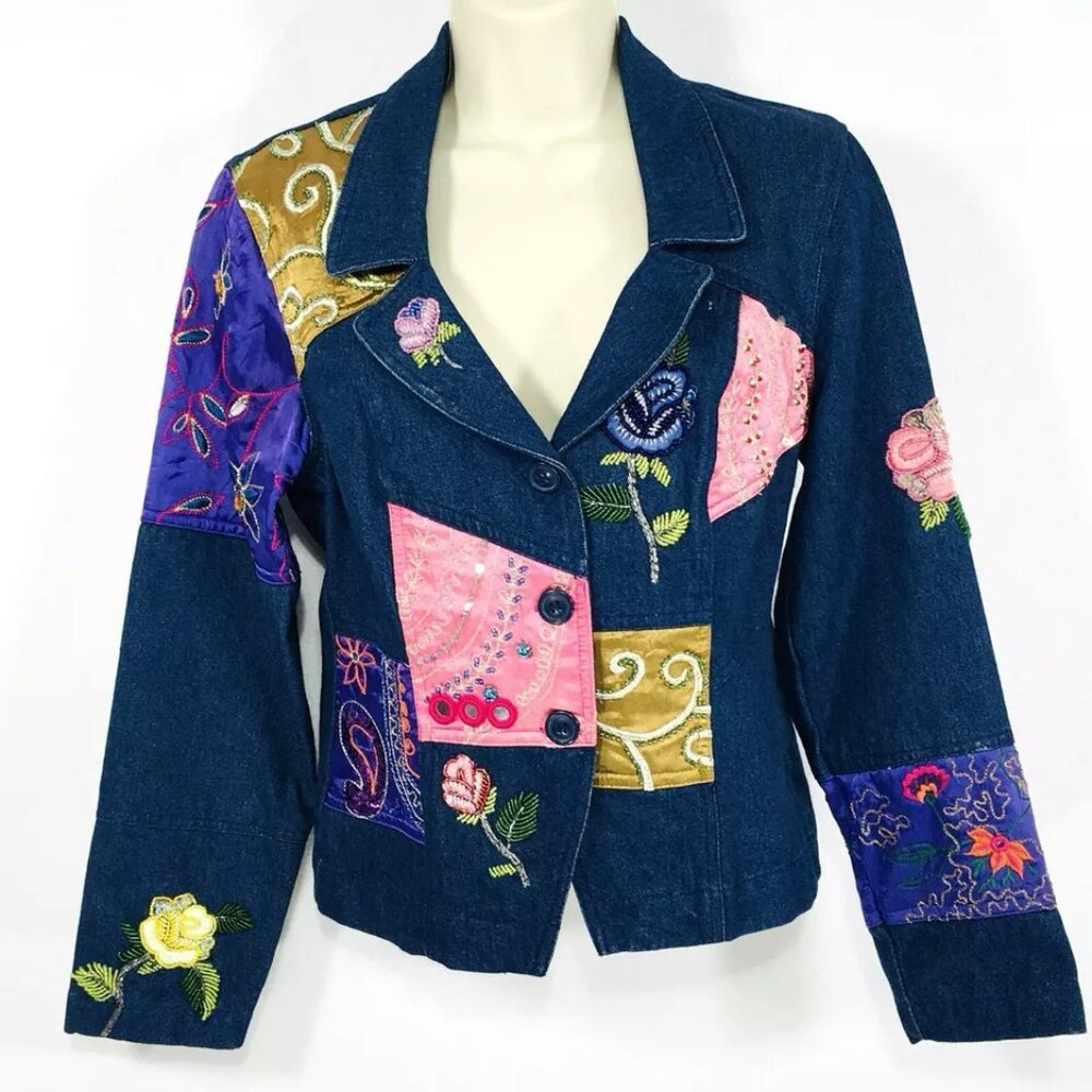 Together Vintage Patchwork Beaded Embroidered Denim Blazer Women’s Sz 8 Vintage